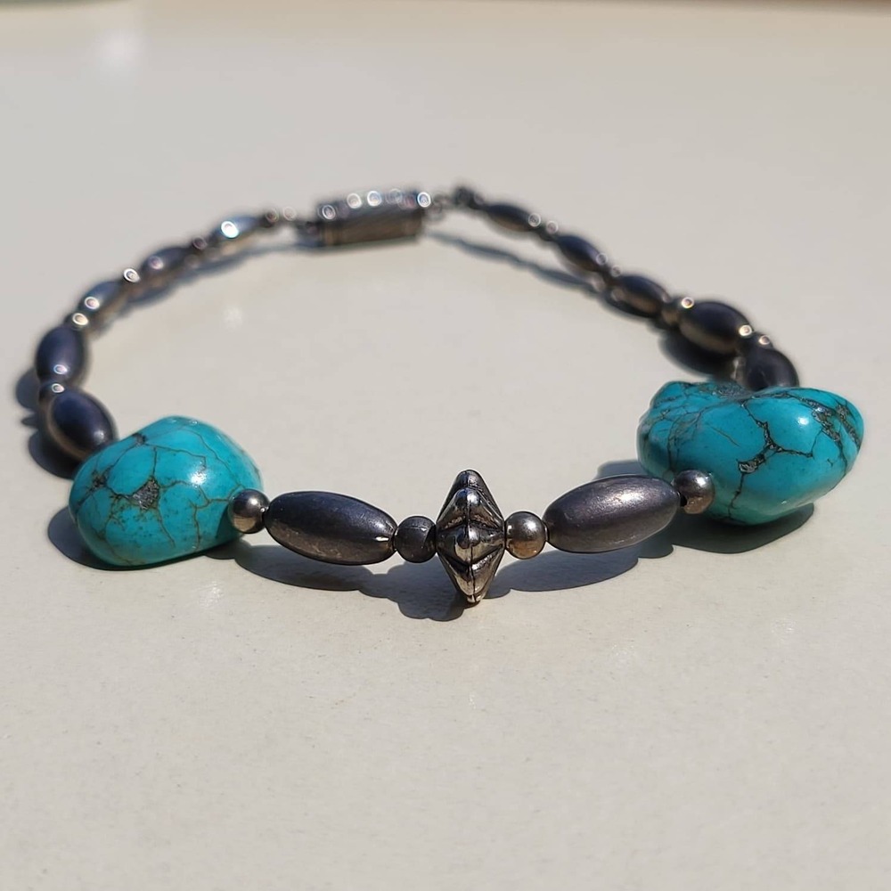 Vintage Turquoise Sterling Silver Melon Bead Bracelet Blue Southwestern